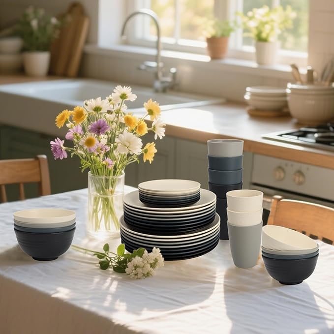 40 PCS Wheat Straw Dinnerware Set | Unbreakable Dishes Set for 8 - Alternative to Plastic Plates and Bowls Sets, Cereal Bowl, Water Cups, Dishwasher & Microwave Safe Bowls for Kitchen - Dark