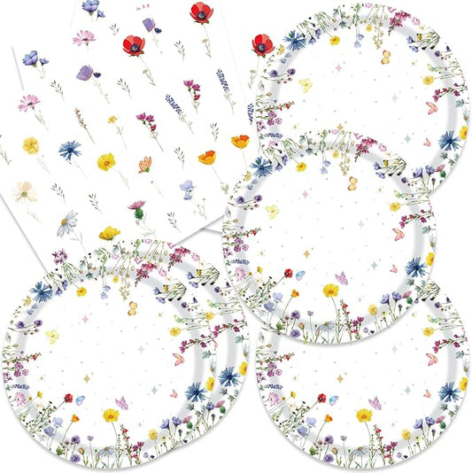40Pcs Wildflower Party Plates - Flower Paper Plates and Napkins for Kids Baby Shower Birthday or Garden Party Decorations for 20 Guests
