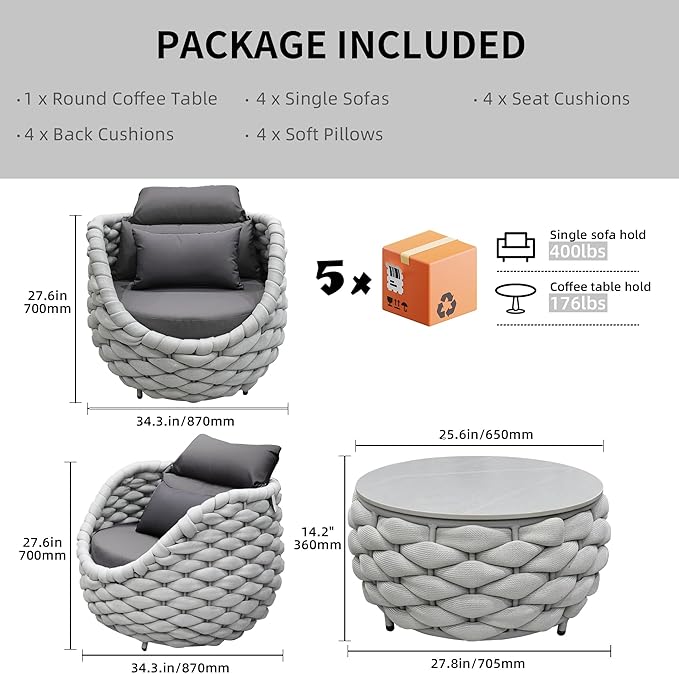 TWT 5-Piece Aluminum Patio Furniture Set, Outdoor Armchairs with Coffee Table, Metal Sofa Set for Deck, Porch, Balcony, Indoor