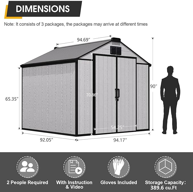 8 x 8 FT Resin Storage Shed, All-Weather Outdoor Tool Shed with Windows, Lockable Doors & Floor, Plastic Garden Shed for Poolside, Backyard, Patio