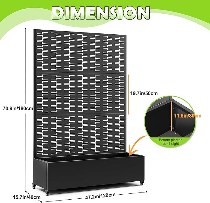 15.7"×70.9"×47.2" Metal Raised Garden Bed with Trellis and Wheels - Tall Trellis Planter Box for Climbing Plants, Vegetables & Vines - Outdoor Privacy Planters for Patio (Black-Brick)
