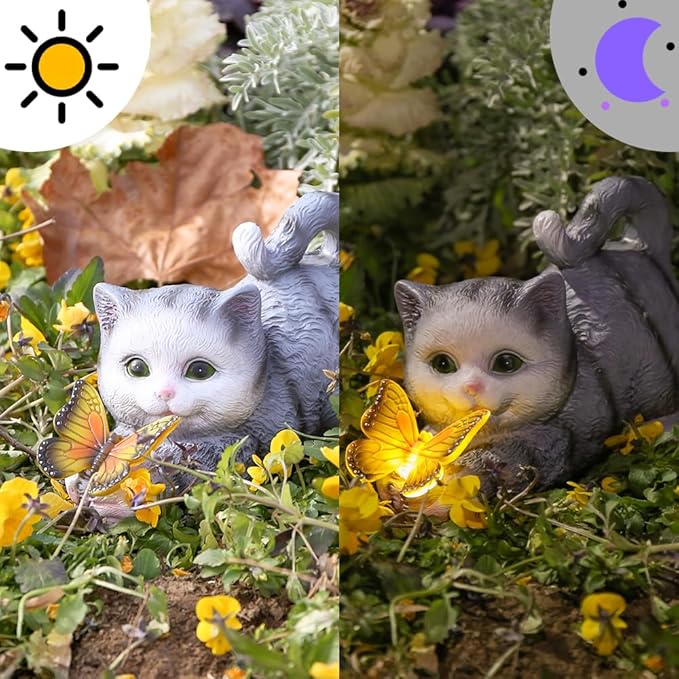 Solar Cat Statue with LED Lights & Butterfly - Outdoor Garden Decor for Patio, Lawn, Yard - Waterproof Cat Figurines, Housewarming Gardening Gifts for Women, Mom, Grandma