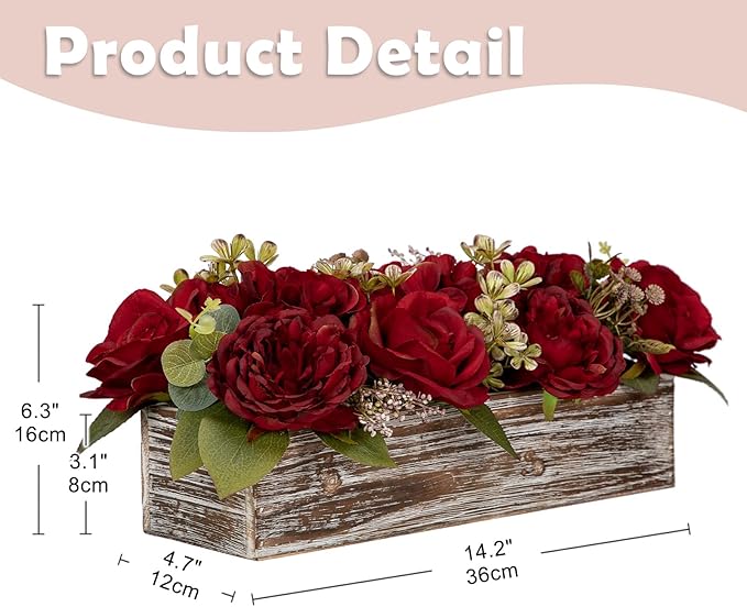 Flower Arrangement with Wooden Vase 14" Artificial Flowers in Pot - Fake Flowers Roses Peonies Hydrangeas in Wooden Vase Potted Artificial Flower Centerpieces for Table Decor Living Room - Red