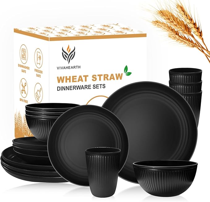 Wheat Straw Dishes Set for 4, Dinnerware Sets 16 piece, Unbreakable Plates, Bowls, Cups Sets for Kitchen Parties Camping RV - Black
