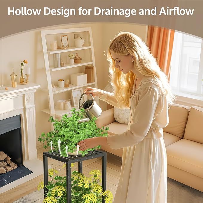 LASZOLA 2 Tier Black Metal Plant Stand Indoor Outdoor with Wheel for Large Planter, Modern Heavy Duty Tall Rolling Rack for Corner House Bathroom Patio Floor, Iron Flower Shelf Holder for Orchid Fern