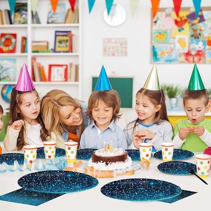 96Pcs Galaxy Party Supplies Iridescent Space Stars Birthday Plates and Napkins Tableware Sets Blue Starry Night Sky Decorations Favors for Mens Boys Baby Shower Galaxy Theme Party Decor Serves 24