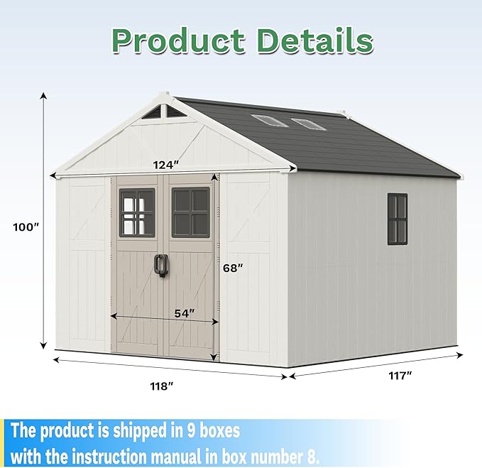 Greesum 10x10 FT Plastic Outdoor Storage Shed with Floor, Resin Sheds with Windows and Skylights, Weather Resistant Organization with Lockable Door, for Garden, Lawn, Pool Supplies, Beige