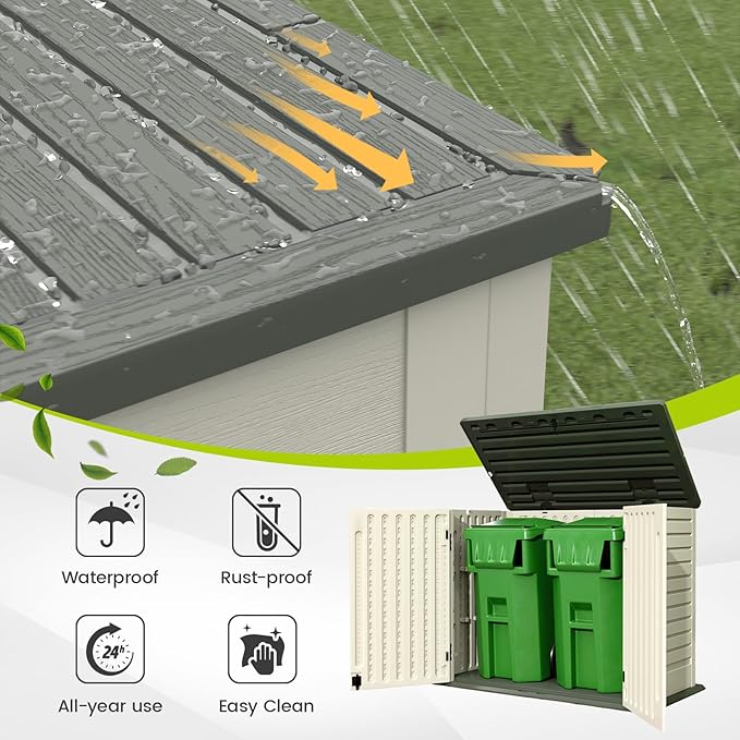 Amopatio Horizontal Outdoor Storage Shed, 34.5 Cu Resin Outdoor Storage Cabinet Waterproof, Outside Cabinet Weather Resistant for Trash Cans, Lawn Mower, Garden Tools, Patio Furniture, Light Grey