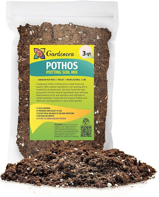 GARDENERA Premium Pothos Potting Soil Mix - Air Cleaning Plant Potting Mix, Soil Mix for Pothos, Parlor Palm, Peace Lily - (3 Quart Bag)