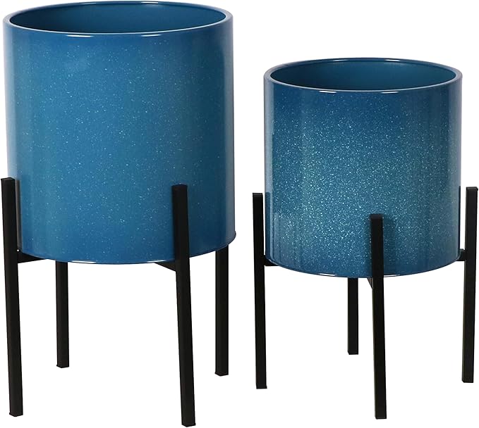 ARNIS Modern Plant Pots, Set of 2 Large Planters with Stand, Decorative Planters, Metal Pots with Drainage Holes for Living Room, Office, Garden or Balcony, 10.5 &12.55 Inch, Blue