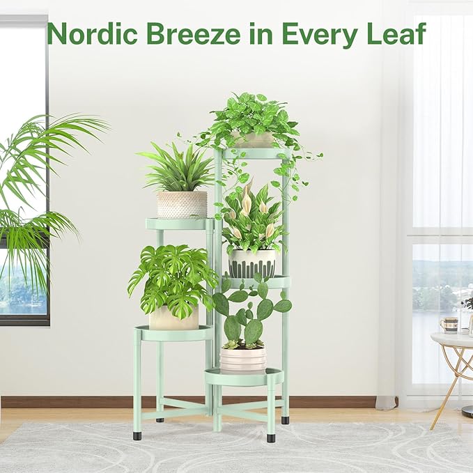 iDavosic.ly Plant Stand Indoor Outdoor, 5 Tier Corner Metal Flower Display Holder Shelf, Folding Tall Orchid Rack for Patio Balcony Porch Garden Living Room House, Light Green