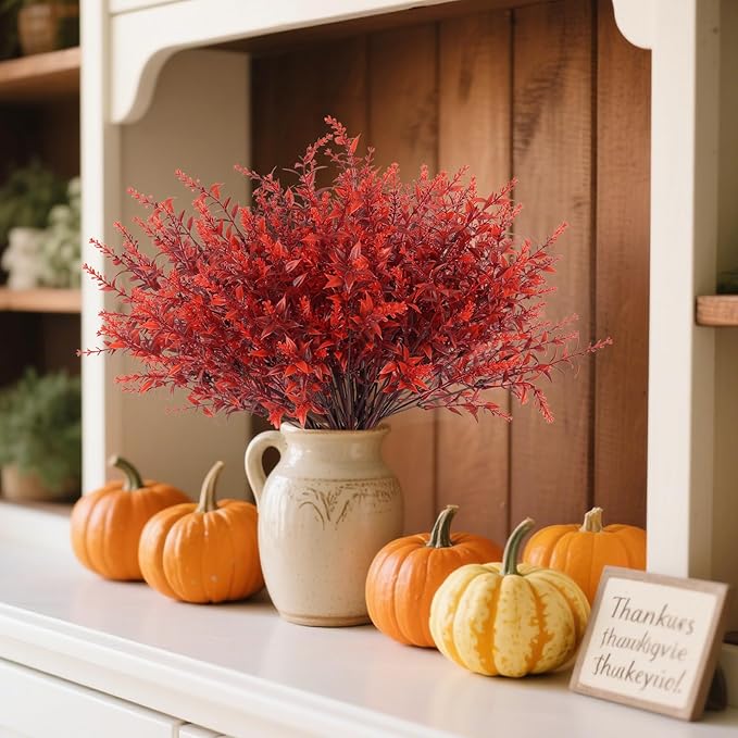 RECUTMS Artificial Fall Flowers Bulk Fall Lavender Fake Plants Artificial Greenery Faux Plants Outdoor Deals 36 Bundles Faux Autumn Plant Fake Shrubs for Indoor Bookshelf Yard Decorations (Wine Red)