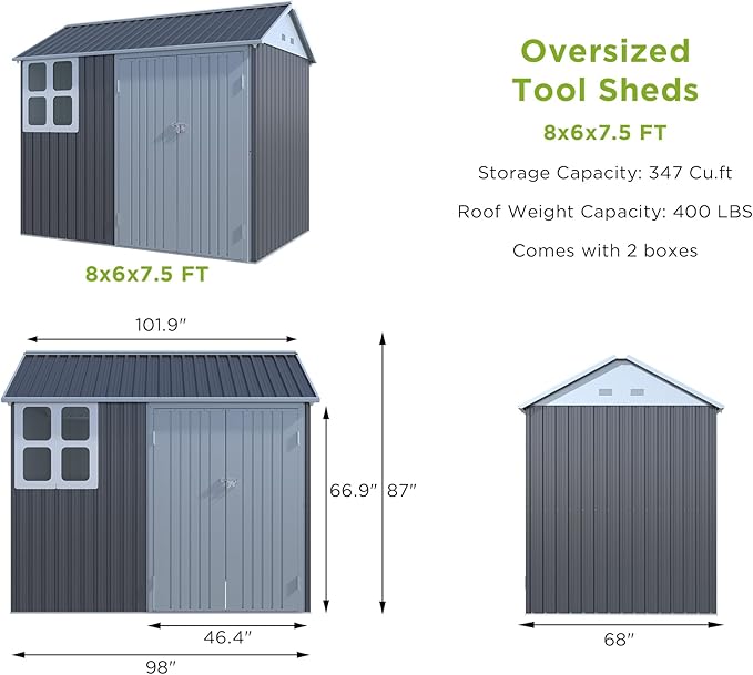 VanAcc 8x6x7.5 FT Shed 4-pane Window Nordic Cottage Storage Shed Outdoor Metal Garden House Double Hinged Lockable Doors for Backyard Garden Patio Lawn Dark Grey/White
