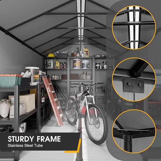 8 x 10 FT Resin Storage Tool Shed, All-Weather Outdoor Storage Shed with Windows, Lockable Doors & Floor, Plastic Storage Shed for Patio, Poolside, Backyard, Garden