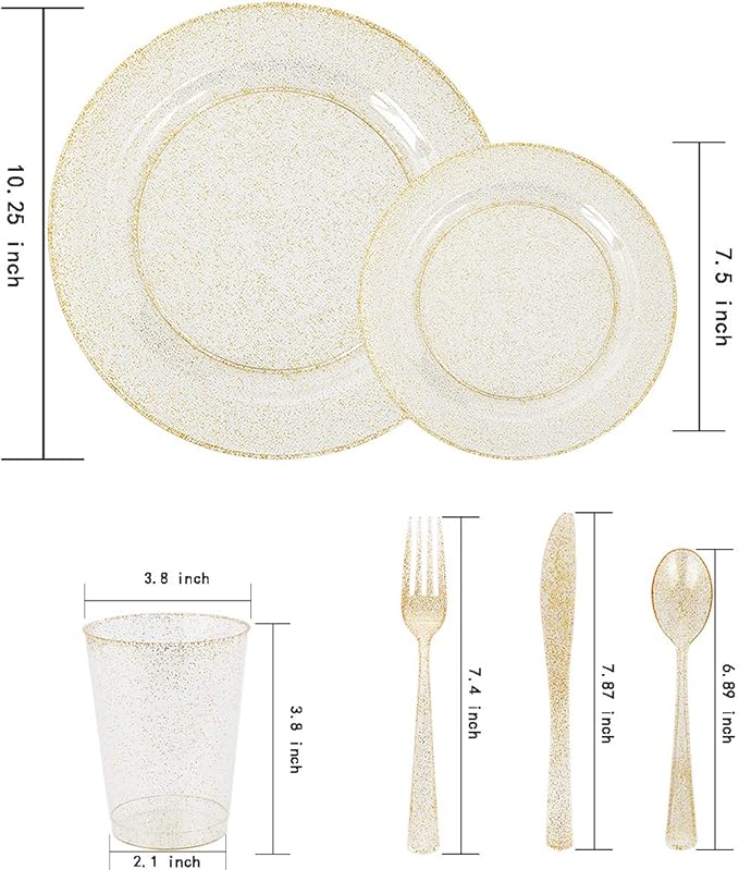 WELLIFE 300PCS Gold Glitter Plastic Plates, Gold Plastic Dinnerware Includes: 50 Dinner and 50 Dessert Plates, 150 Cutlery, 50 Cups for Party