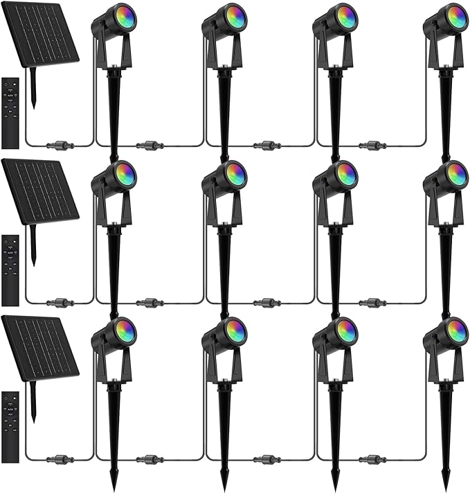 ZYAN Solar Spotlights Outdoor, Solar Landscape Lights with Remote Control, RGBW Colored Spot Lights for Yard, Garden, Lawn, Plant, Tree, Pool Areas, Auto On/Off, Dimmable & Waterproof (12 Pack)