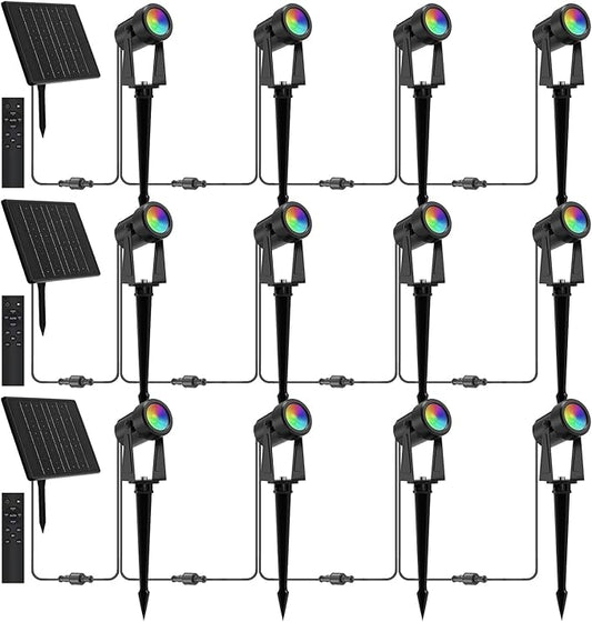 ZYAN Solar Spotlights Outdoor, Solar Landscape Lights with Remote Control, RGBW Colored Spot Lights for Yard, Garden, Lawn, Plant, Tree, Pool Areas, Auto On/Off, Dimmable & Waterproof (12 Pack)