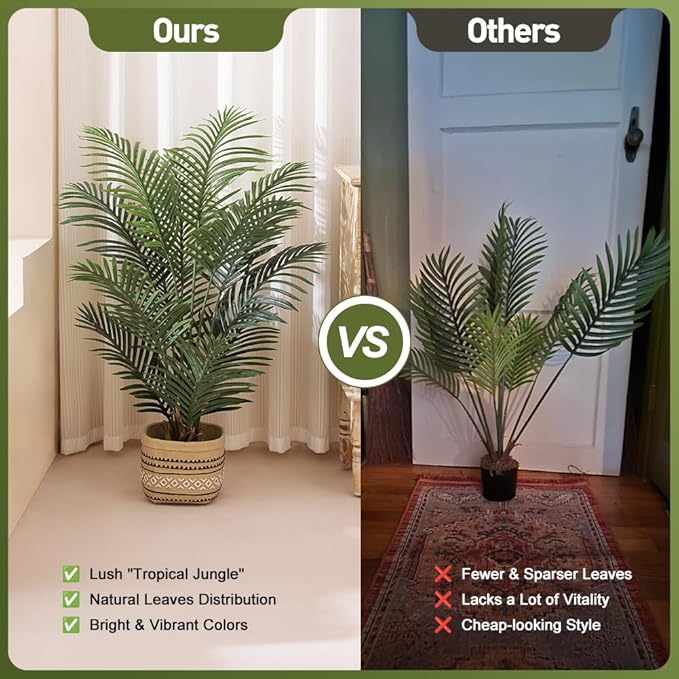 Artificial Palm Tree, 4FT Tall Fake Palm Trees with UV Resistant Leaves, Potted Faux Areca Palm Plant for Indoor Outdoor, Large Floor Plants for Home Living Room Porch Decor, VN125