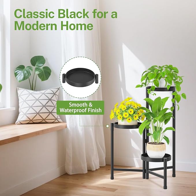 iDavosic.ly Plant Stand Indoor Outdoor, 3 Tier Corner Metal Flower Display Holder Shelf, Folding Tall Orchid Rack for Patio Balcony Porch Garden Living Room House, Black