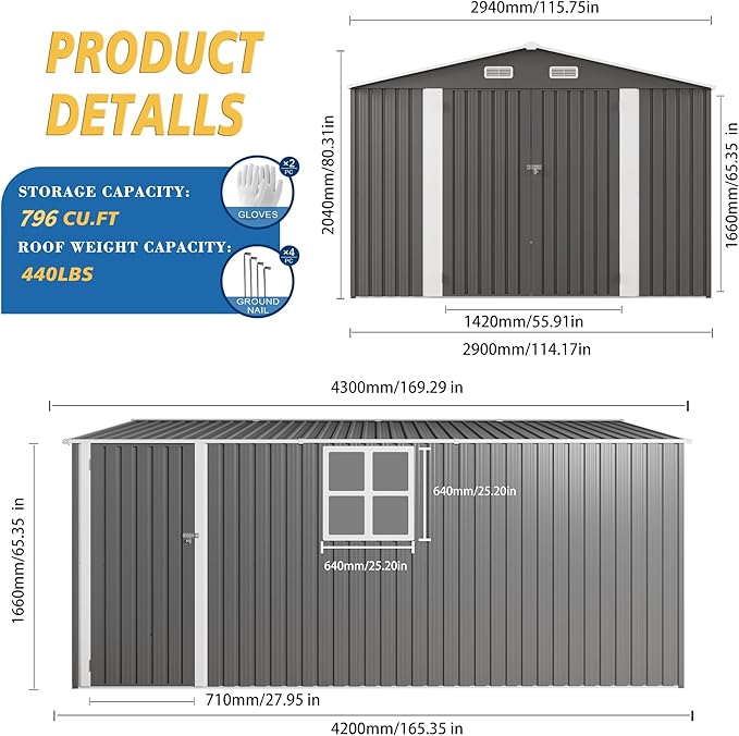 10x14x6.7FT Outdoor Storage Shed, Galvanized Steel Garden Shed with Lockable Door & Window, Waterproof Metal Tool Storage for Garden, Backyard, Patio, Lawn(Grey)