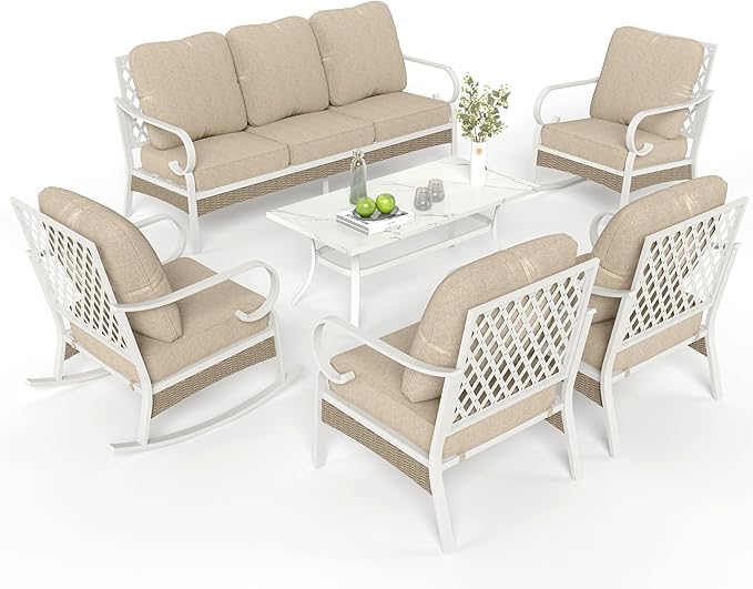 6 Piece Patio Furniture Set, 2 x Fixed Chair, 2 x Rocking Chair, 1 x 3-Seat Sofa with Marbling Coffee Table, All Cushioned 7 Seats Outdoor Conversation Set, Beige