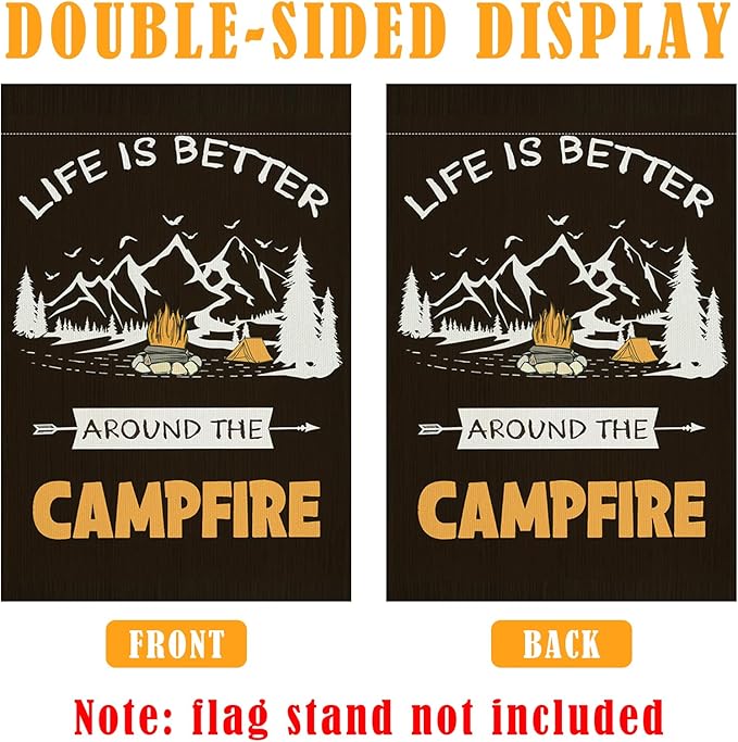 Camping Garden Flag with Led Lights, 12 x 18 Inch Double Sided Vertical Burlap Camping Fire Pit Lighted Garden Flags for RV Campsite Campfire Camper Yard Outdoor Decoration