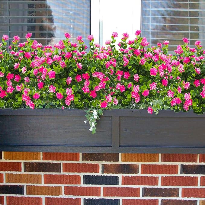 Artificial Flowers, Fake Outdoor UV Resistant Plants Faux Plastic Greenery Shrubs Indoor Outside Hanging Planter Home Kitchen Office Wedding, Garden Decor (Pink)