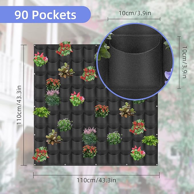 90 Pockets Hanging Planter Bags, Hanging Vertical Wall Mounted Plant Planting Grow Bags, Herb Garden Planter Outdoor Indoor Growing Bag, Gardening Vertical Greening Flower Container(1.1m×1.1m, Black)