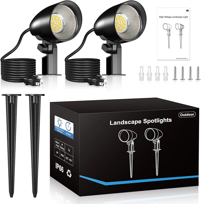 20W Outdoor LED Landscape Lighting Spot Lights Outdoor 1880LM IP66 Waterproof Landscape Lights for Pathway Patio Yard Lawn Decorative 120V US 3-Plug 2 Packs