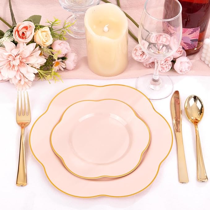 Liacere 50PCS Pink Plastic Plates - Heavy Duty Pink Disposable Plates - Pink and Gold Plastic Plates Include 25PCS Pink Dinner Plates,25PCS Pink Dessert Plates for Mother's Day& Baby Shower Gifts