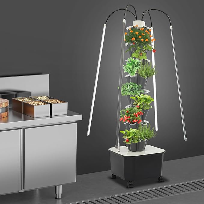 Hydroponic Growing System Tower, 80W 40 Plants 5-Layer Hydroponic Tower with LED Light Vertical Hydroponics Garden Tower for Herbs Vegetables Fruits with Pump & Water Level Gauge Grey