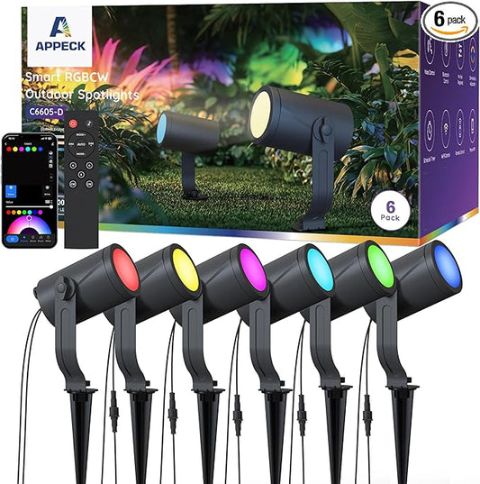 APPECK Smart Landscape Lighting Kit 36W, RGBCW Smart Landscape Lights 6 Pack, IP65 Waterproof Outdoor Spotlights, Alexa/Google Assistant Compatible, for Garden Pathway Yard Holiday Decor
