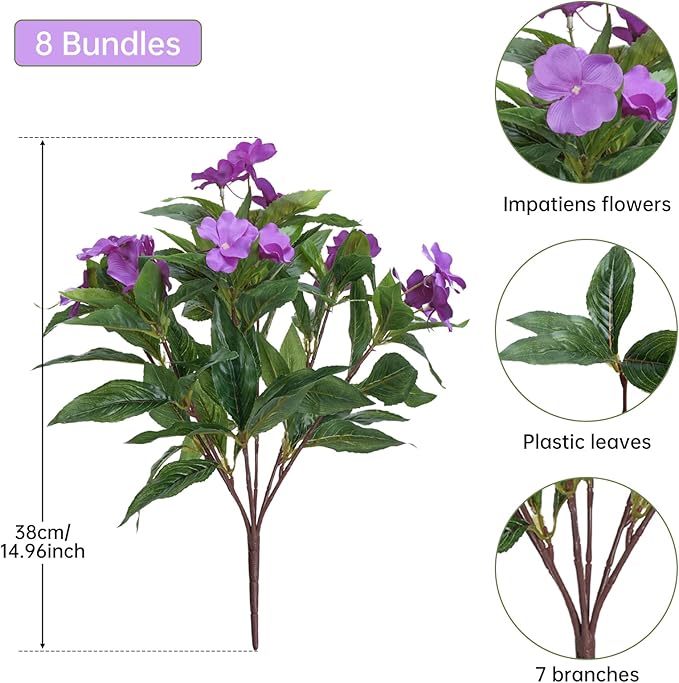 8 Pcs Artificial Impatiens Flowers for Outdoors Faux Impatiens Bushes Silk Flowers Purple UV Resistant Faux Flowers for Outdoor Planters Pot Lawn Balcony Hanging Basket Porch Decor