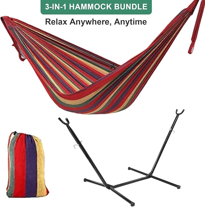 Hammock with Stand for Outside,600lb Weight Capacity Adjustable Height 3-in-1 Portable Hammock for Outdoor&Indoor Camping Backyard Bedroom(Hammock, Stand & Carry Bag)