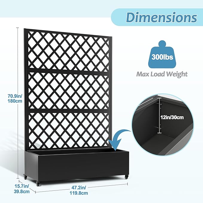 Metal Planter Box with Trellis & Wheels, Raised Garden Bed with Privacy Screen, Outdoor Standing Flower Beds with Drainage Hole for Climbing Plants, Vine, 47.2''L×15.7''W×70.9''H, Black
