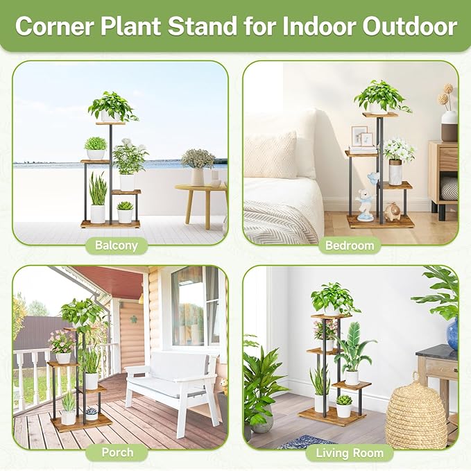 iDavosic.ly 4 Tier Plant Stand Indoor, Tiered Corner Plant Shelf for Multiple Plants, Metal Wood Tall Plant Display Rack Flower Holder for Patio Porch Garden Balcony Bedroom, Black