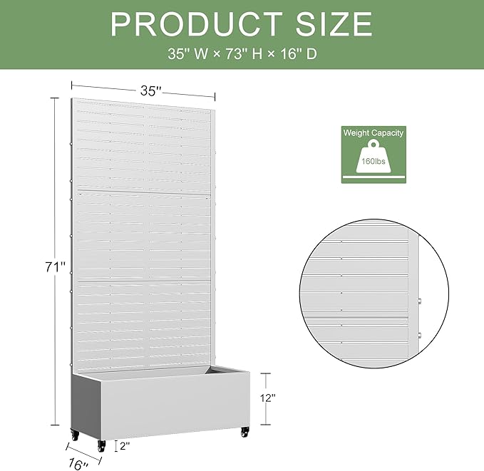 Casaphoria Metal Raised Garden Bed with Trellis and Wheels, 72"x35"x16" Planter Box for Climbing Plants, Vegetables & Vines, Features Drainage Holes and Privacy Screen (White-Louvered)