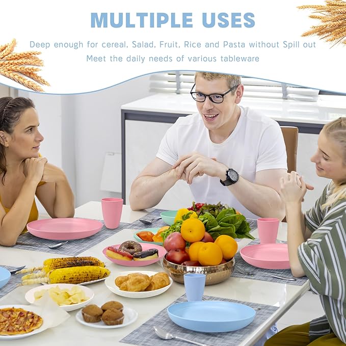 Kitchen Wheat Straw Dinnerware Sets (33pcs) Attached cleaning brush,Service For 8,Plastic Plates and Bowls Sets,Unbreakable Dinnerware,Lightweight Plastic Plate Set (Chroma)