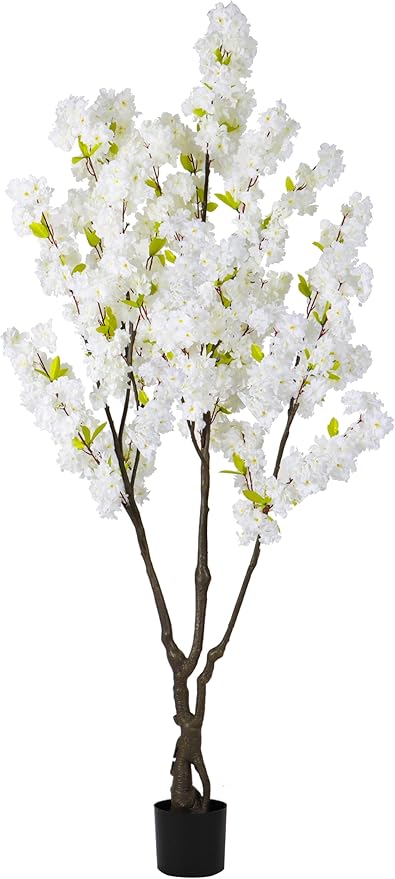 Artificial White Cherry Blossom Tree 6ft(72in) Faux White Flower Tree Indoor Decor Handmade Natural Fake Cherry Tree for Wedding Realistic Cherry Blossom Plant for Home,Living Room,Office Decor