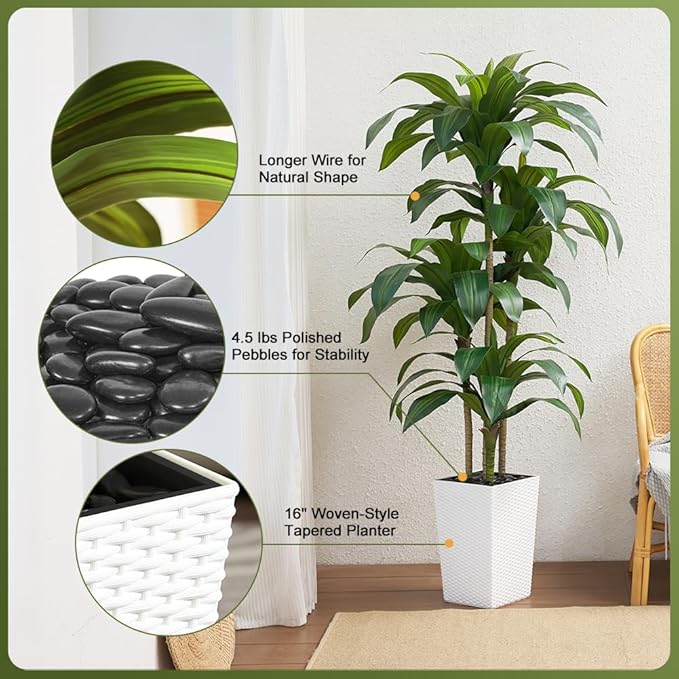 6FT Artificial Dracaena Tree - UV Resistant Faux Tropical Plant, Potted Fake Tree with Taper Planter & Pebbles - Indoor Outdoor Greenery for Home, Porch, Living Room, Bedroom Decor, VN127
