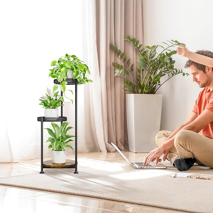 Plant Stand Indoor Outdoor Clearance, 3 Tier Metal Flower Shelf Pot Holder, Tall Multiple Plants Corner Rack Narrow House Orchid Display Organizer for Patio Office Porch Living Room Garden, Black