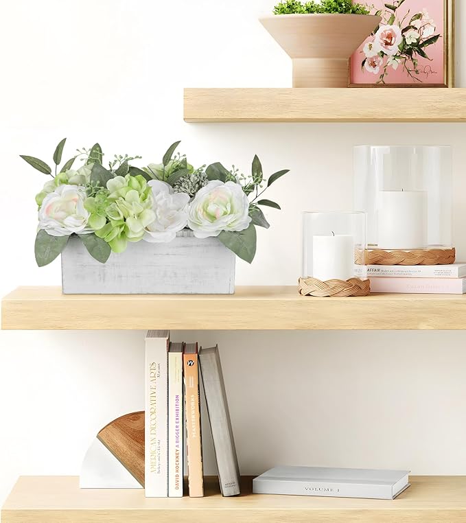 DILATATA Flower Arrangement with Wooden Vase 10" Artificial Flowers in Pot - Fake Flowers in White Rectangular Wooden Vase Potted Faux Flower Centerpieces for Table Decor Living Room - White
