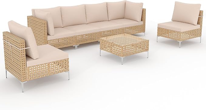 7 Piece Wicker Patio Furniture Set, Outdoor Sectional Sofa Set with Coffee Table and Water-Resistant Thick Cushions for Balcony, Deck, Garden, Backyard(Yellow/Beige)