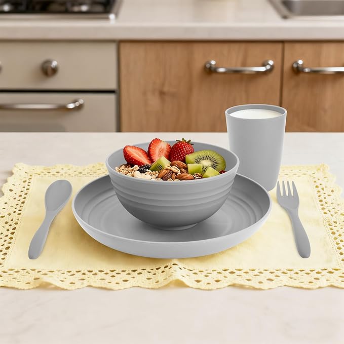 Dinnerware Sets 20 pcs, Wheat Straw Plates and Bowls Sets with Cups Service for 4, Unbreakable Reusable Plastic Plates Set for Kitchen, Office, Travel, Camping - Gray