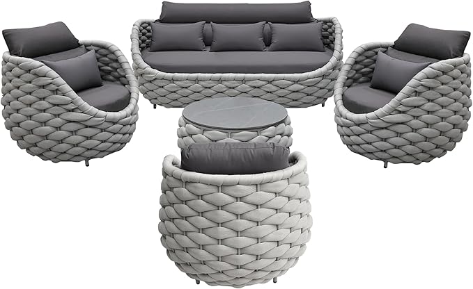 TWT Outdoor Patio Furniture Set, 5 Pieces Aluminum Sectional Sofa, Metal Patio Conversation Set with Threeseat & Armchair, Cushion and Coffee Table, Dark Grey