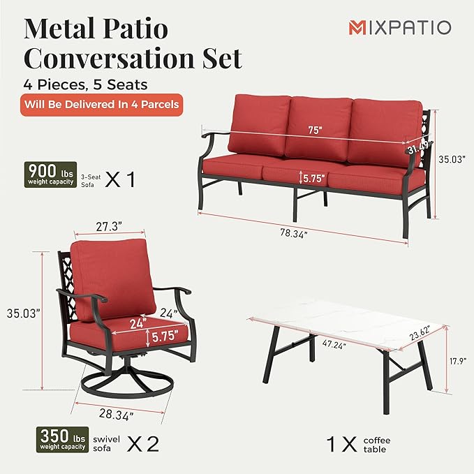 Patio Furniture Set 4 pcs, Metal Outdoor Patio Furniture, 3-Seat Sofa, 2 Swivel Chairs, Coffee Table and 5.75" Extra Thick Cushion, Patio Conversation Set for Backyard Deck, Red-Orange