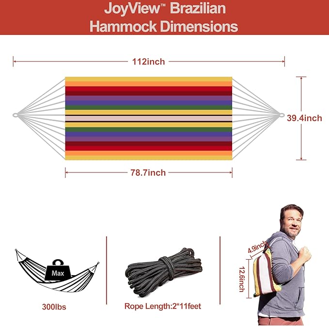JoyView Brazilian Hammock for Single Person - Portable Cotton Hammock with Hanging Ropes & Carry Bag - 78.8x39.4' - 300LBS Capacity - Red Stripes