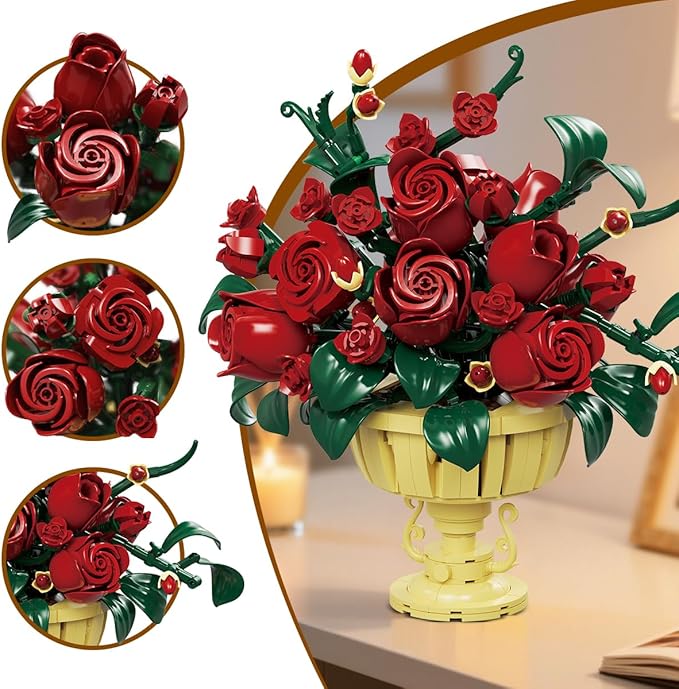 Rose Flower Building Set, 969 PCS Botanicals Flowers Bouquet Building Block Kit with Pot, Artificial Bonsai Plant Collection Office Home Decor, Birthday Gift for Adults Women Boys Girls 12+