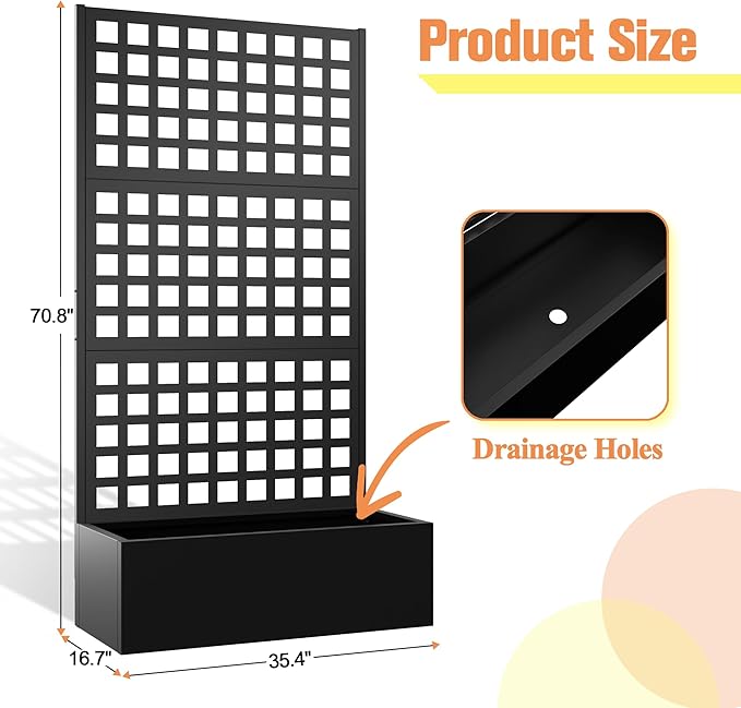 Metal Planter Box with Trellis & Wheels, Raised Garden Bed with Privacy Screen, Outdoor Standing Flower Beds with Drainage Hole for Climbing Plants, Vine, 35" Lx16 Wx71 H