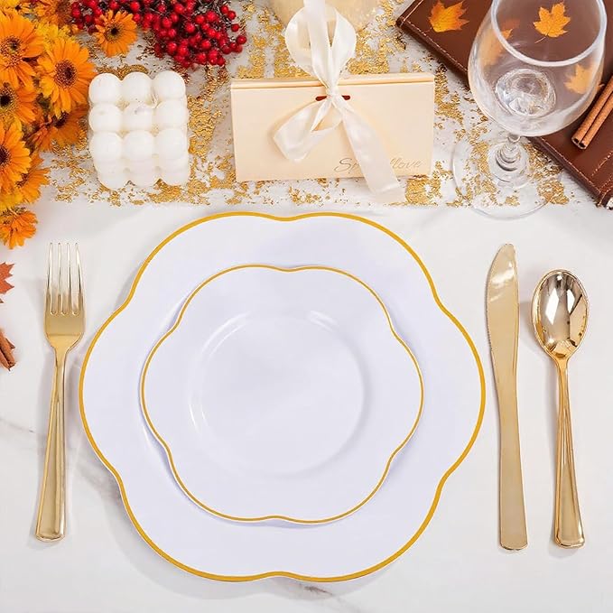 Liacere 50PCS White Plastic Plates - Heavy Duty Disposable - White and Gold Plastic Plates Include 25PCS 7inch and 10inch plates for Party & Baby Shower Gifts & Fall Decor & Thanksgiving